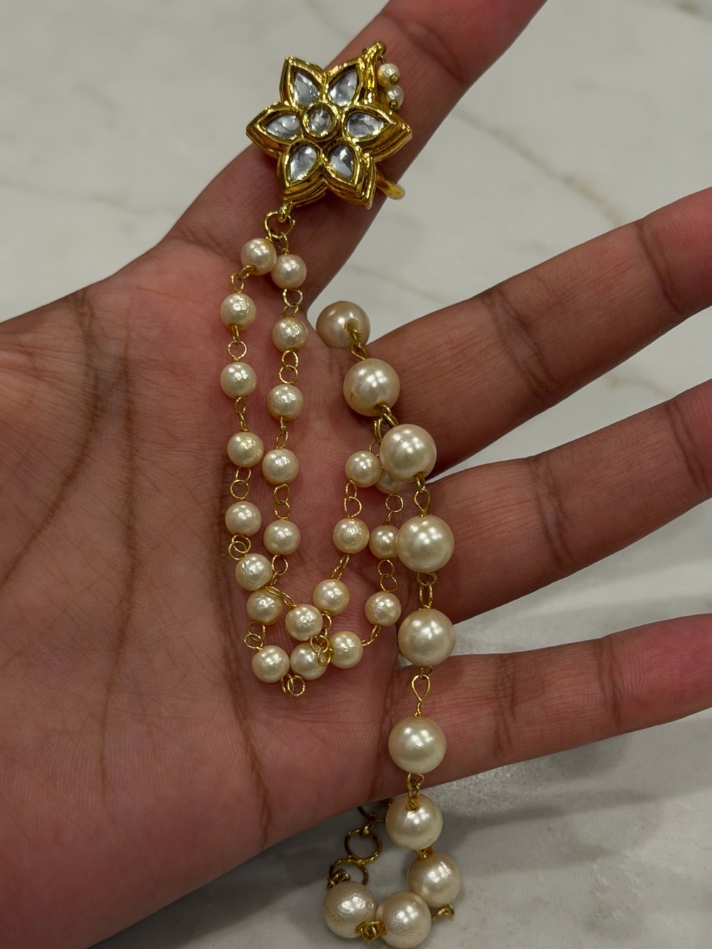 Traditional Kundan Pearl Hand Chain Ring Bracelet Gold Tone Haath Phool